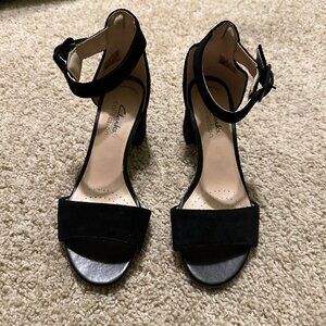 Sophisticated CLARKS Black Suede Strappy Heels, Sz 6